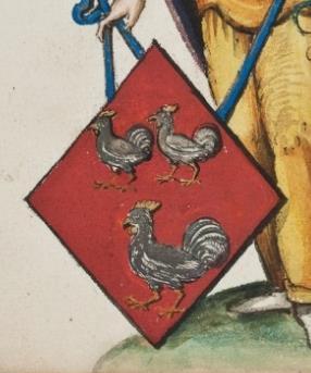 In rood drie zilveren goudgekamde, -gesnavelde en -gepote hanen (2-1), die in de schildvoet groter