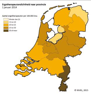 Als we vervolgens kijken naar de ergotherapeutendichtheid op provincieniveau, dan zien we ten opzichte van het aantal inwoners de meeste ergotherapeuten terug in Limburg en Noord-Holland.