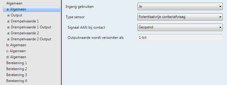 3.2.4 Parametervenster a: Algemeen met sensortype: Potentiaalvrije contactafvraag Instelmogelijkheden bij het sensortype Potentiaalvrije contactafvraag.