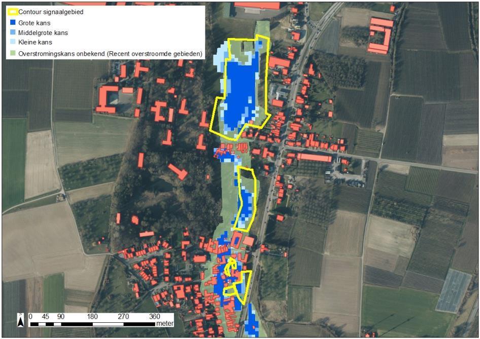 Figuur: De blauwe contouren geven de huidige overstromingskans weer. Hoe donkerder blauw, hoe groter de overstromingskans.