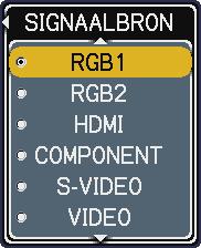 RGB2: Stelt poort in op RGB2. HDMI: Stelt poort in op HDMI. COMPONENT: Stelt poort in op COMPONENT (Y, CB/PB, CR/PR). S-VIDEO: Stelt poort in op S-VIDEO. VIDEO: Stelt poort in op VIDEO.