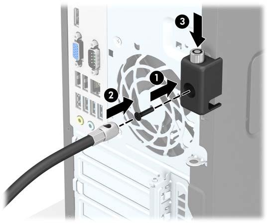 8. Bevestig het slot met de meegeleverde schroef aan de behuizing (1). Plaats het uiteinde van de beveiligingskabel in het slot (2) en druk de knop in (3) om het slot te vergrendelen.