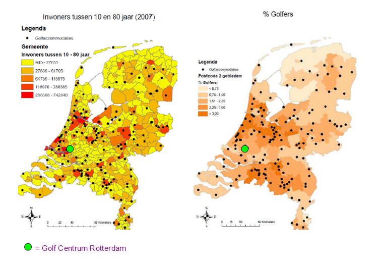 Op bovenstaande kaarten is te zien dat Golf Centrum Rotterdam in verstedelijkt gebied ligt met een groot inwoneraantal en een aanzienlijk percentage actieve golfers.