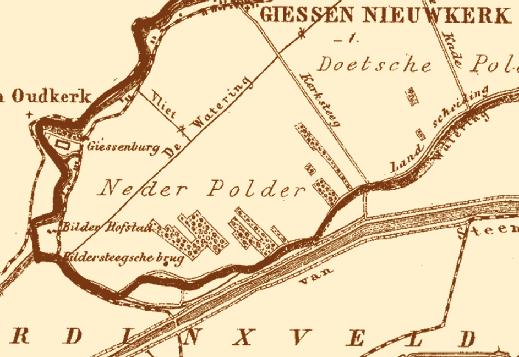 Op de kaart van Giessen-Nieuwkerk is dat globaal te traceren in het gedeelte dat herkenbaar is als de Nederpolder. Het donkergele gebied is de Nederpolder.