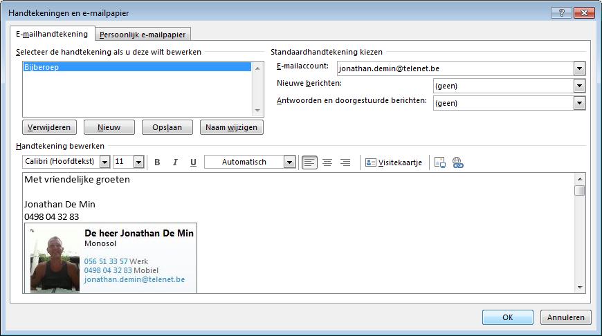 4.2.3.2 Een visitekaartje opnemen in een e-mailbericht Bij het opstellen van de mail, kies Lint > Tabblad Invoegen > Groep Invoegen > Visitekaartje > Andere visitekaartjes > kies het kaartje. 4.2.3.3 Een visitekaartje opnemen in een handtekening van een e-mail Bij het opstellen van de mail, kies Lint > Tabblad Invoegen > Groep Invoegen > Handtekening > Handtekeningen.