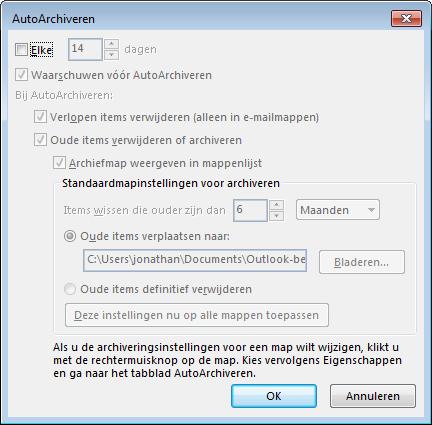 pst dat Outlook bij een eerste gebruik zelf aanmaakt in de submap Outlook van de gebruiker. Via de mappenlijst krijg je onmiddellijk toegang tot de archiefmappen.