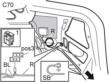 5C A3601749 A3601747 6A Sluit de bedrading aan op het achteruitrijlicht Geldt voor C70- en S70-modellen Verwijder de gele 6-polige connector (1) achter het rechter achterlicht Open de connector.