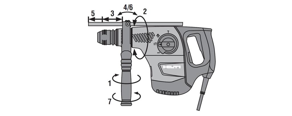 4. Draai aan de greep om de houder (spanband) van de zijhandgreep te spannen. 5.1.2 Diepte-aanslag instellen 1. Druk de ontgrendelingstoets op de zijhandgreep in. 2.