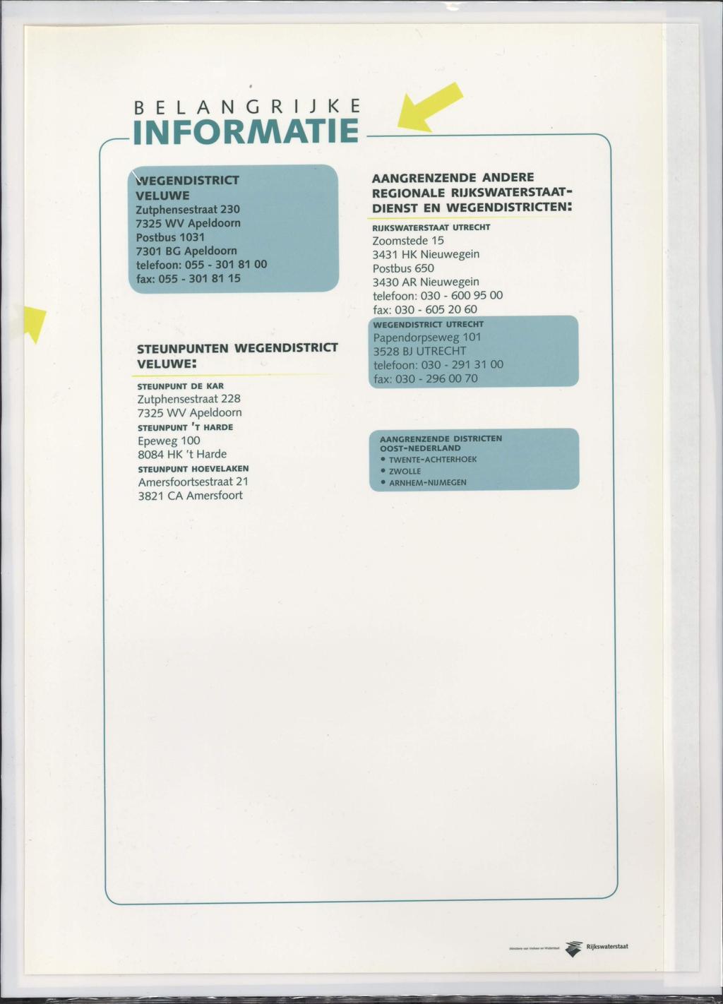 B E L A N G R I J K E INFORMATIE WEGENDISTRICT VELUWE Zutphensestraat 230 7325 WV Apeldoorn Postbus 1031 7301 BG Apeldoorn telefoon: 055-301 81 00 fax: 055-301 81 15 STEUNPUNTEN WEGENDISTRICT VELUWE: