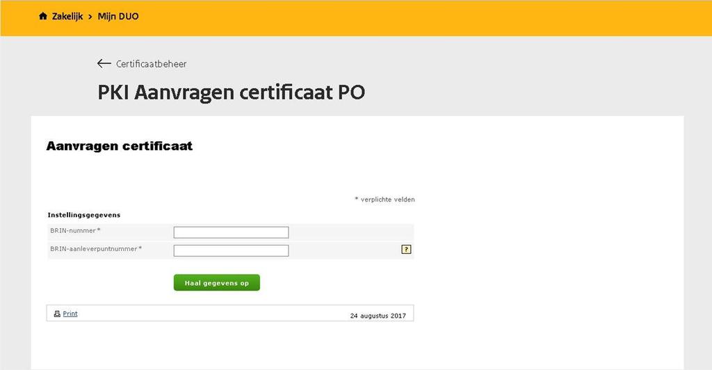 Aanvragen van het certificaat Het onderstaande scherm/formulier wordt getoond (zie ook de volgende pagina voor meer uitleg).