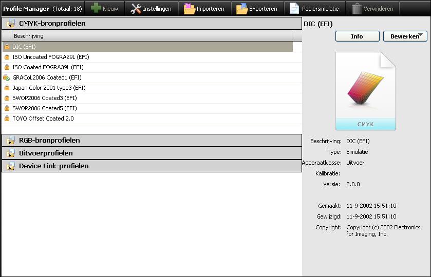 KLEURPROFIELEN 39 Profile Manager in Command WorkStation Met Command WorkStation kunt u ICC-profielen importeren in de E-42/E-82, profielen exporteren, profielen verwijderen (behalve