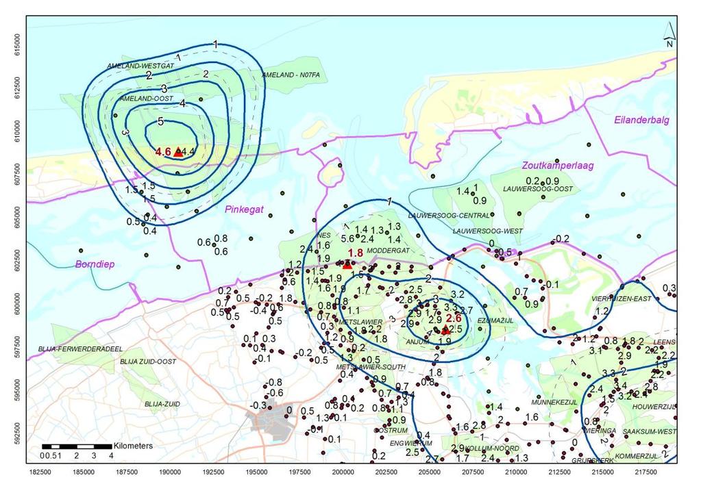 Figuur 3 Totale bodemdaling (status 1-1-2013) door gaswinning sinds de nulmeting Waddenzee in 2006.
