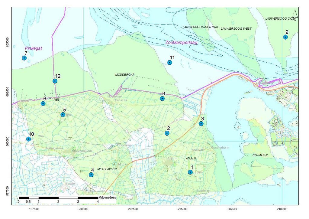 Figuur 6 Peilmerk locaties die geselecteerd zijn voor de