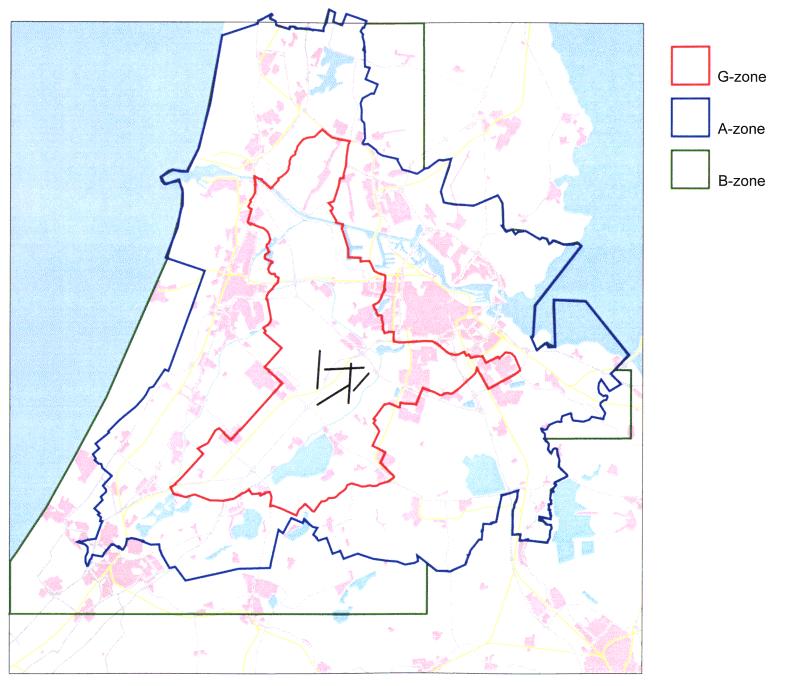 Figuur 6: Gebieden woningbestand 1990 Naast de bovenstaande gegevens geeft de buitengrens van de figuur het gebied aan waarvoor de geluidsberekeningen werden uitgevoerd.