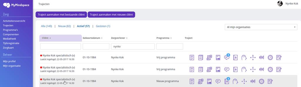 Opbouw MyMindspace U komt na het inloggen altijd in het overzichtsscherm met aanwezige trajecten zoals in onderstaande afbeelding.