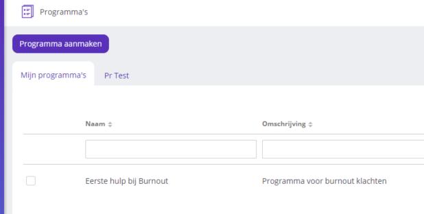 Onder het menu onderdeel programma s kunt u uw eigen programma s aanmaken en tevens de reeds beschikbare ehealth programma s van MyMindSpace en ZorgIQ bekijken.