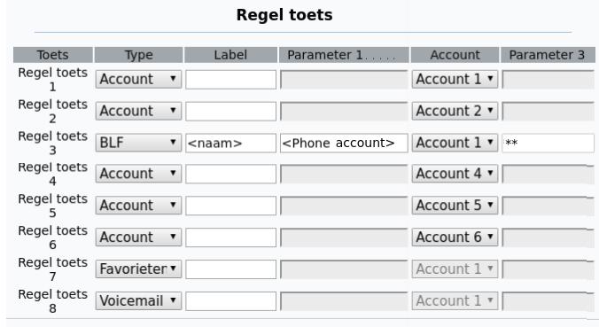 Bij de 10 programmeerbare toetsen gaat het instellen op dezelfde manier. Ga daarvoor naar Telefoon DSS Key. Het verschil is dat er hier geen veld Label wordt geboden.