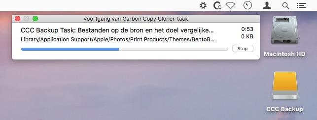 Reservekopietaken met het CCC-symbool in de menubalk monitoren CCC gebruiken Berichtencentrum Carbon Copy Cloner stuurt meldingen naar Berichtencentrum van macos wanneer een