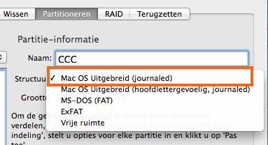 Formatteer het volume Selecteer Mac OS Uitgebreid