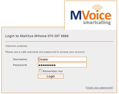 MVoice PP 1.1 Inloggen Via de link: https://www.voipinfocenter.com kan er ingelogd worden op het PP platform. De inlog gegevens worden verstrekt door de MaXXus Servicedesk (service@maxxus.nl).