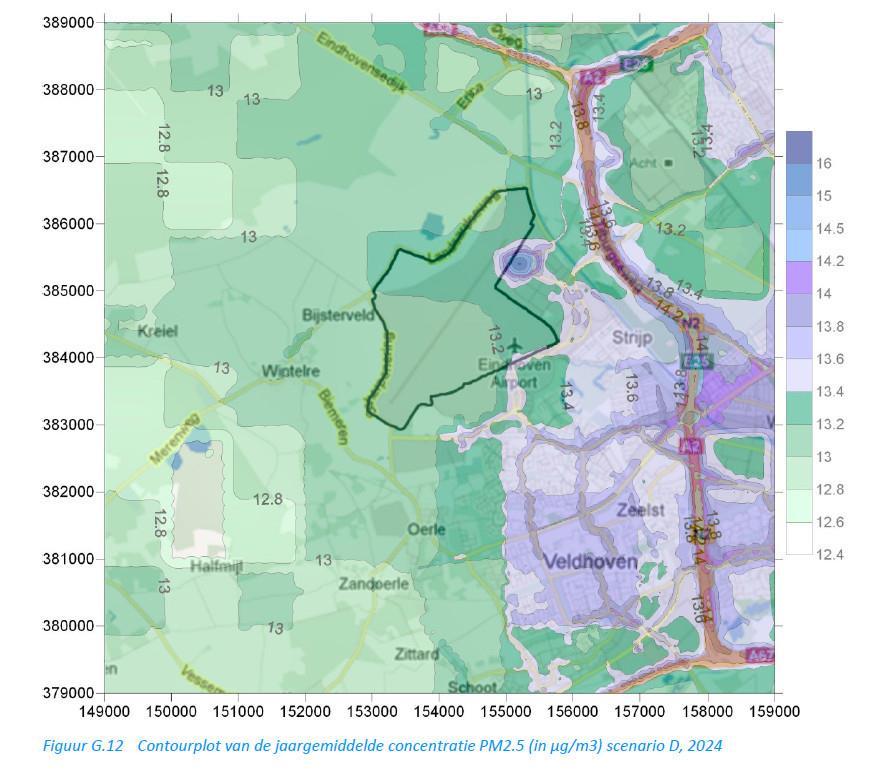 Bij het Luchthavenbesluit 2013 is de luchtverontreiniging wel in kaart gebracht, voor de toen en nu geldende categorieën. Dit is de PM2.