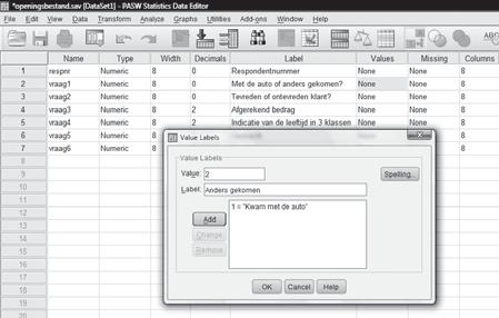 20 DEEL 1 SPSS 18 BESCHRIJVENDE TECHNIEK Noordhoff Uitgevers bv Value Labels Deze variabelen bestaat uit een lange lijst met cijfers. Value Labels zijn niet van toepassing.