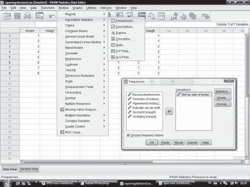 26 DEEL 1 SPSS 18 BESCHRIJVENDE TECHNIEK Noordhoff Uitgevers bv Figuur 1.17 Frequentietabellen maken 1 2 3 4 Figuur 1.18 Frequentietabel van de variabele met de auto gekomen?