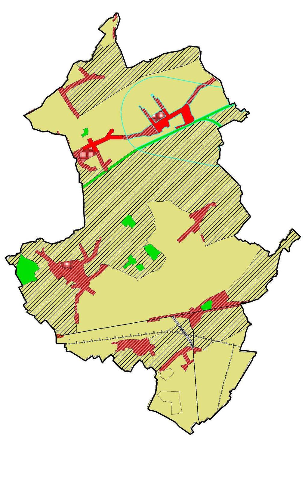 Natuur- of parkgebied (groen) Agrarisch gebied (geel) Waardevol agrarisch gebied (geel met zwarte arcering) Woongebied (rood)