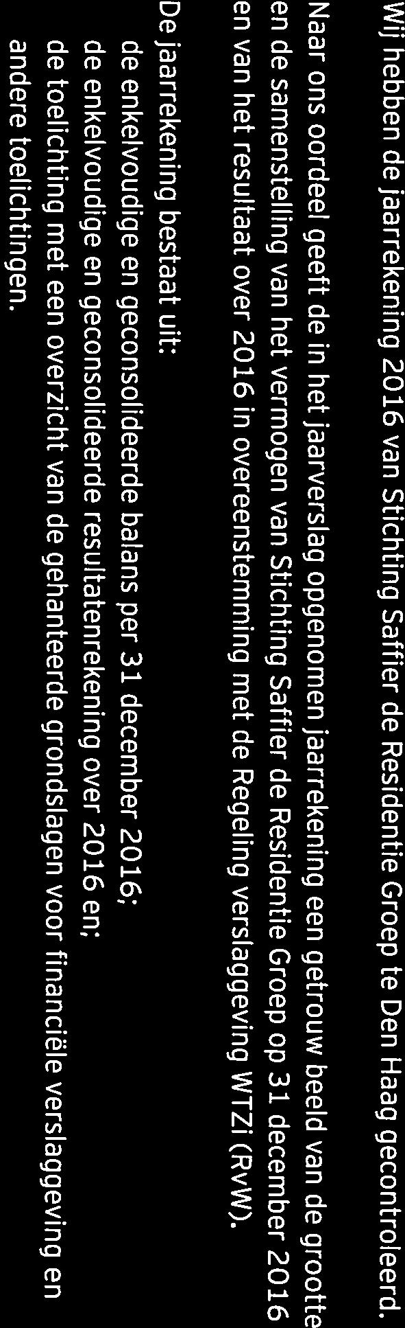 Naar ons oordeel geeft de in het jaarverslag opgenomen jaarrekening een getrouw beeld van de grootte en de samenstelling van het vermoqen van Stichting Saffier de Residentie Groep op 31 december 2016