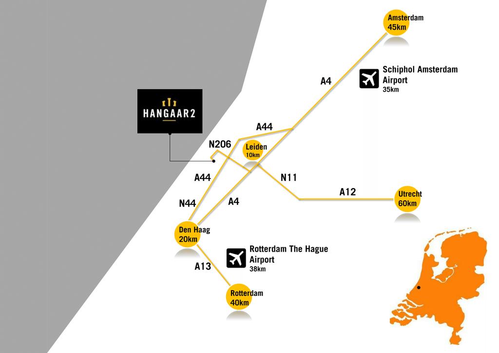 CENTRAAL IN DE RANDSTAD Hangaar2 ligt op 5 minuten rijden van de A44 en beschikt over ruime