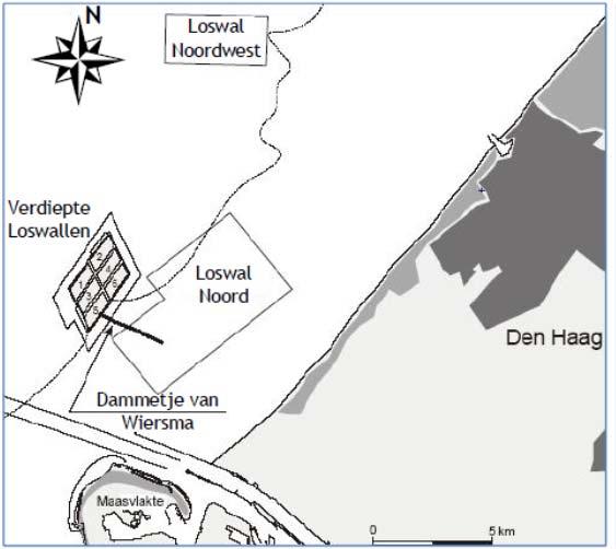 Figuur 2: Locatie loswallen inclusief nummering verschillende putten (DHV, 2007) Loswal NoordWest aanleg en vormgeving Loswal Noordwest is feitelijk alleen een locatie waarop gebaggerd sediment