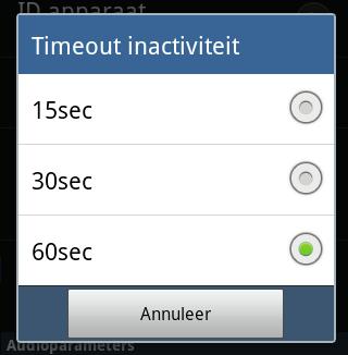 TIMEOUT INACTIVITEIT Met deze functie kan de periode van inactiviteit van het apparaat voordat automatische afmelding plaatsvindt, worden veranderd.