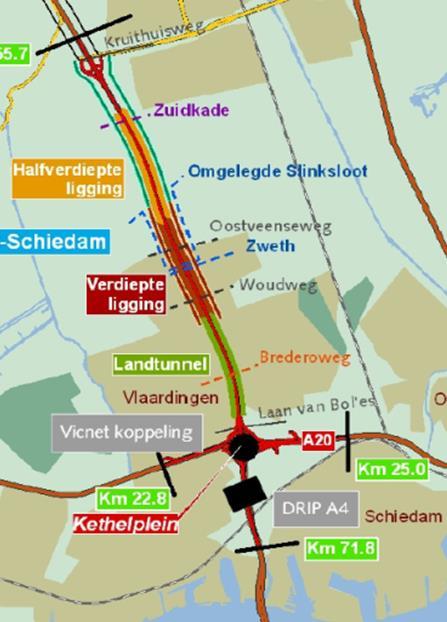 Het werk A4 Delft - Schiedam - Landtunnel (ca 2 km) en kruisende verbinding Tramplusviaduct ter plaatse van Brederoweg - Verdiepte ligging (1.