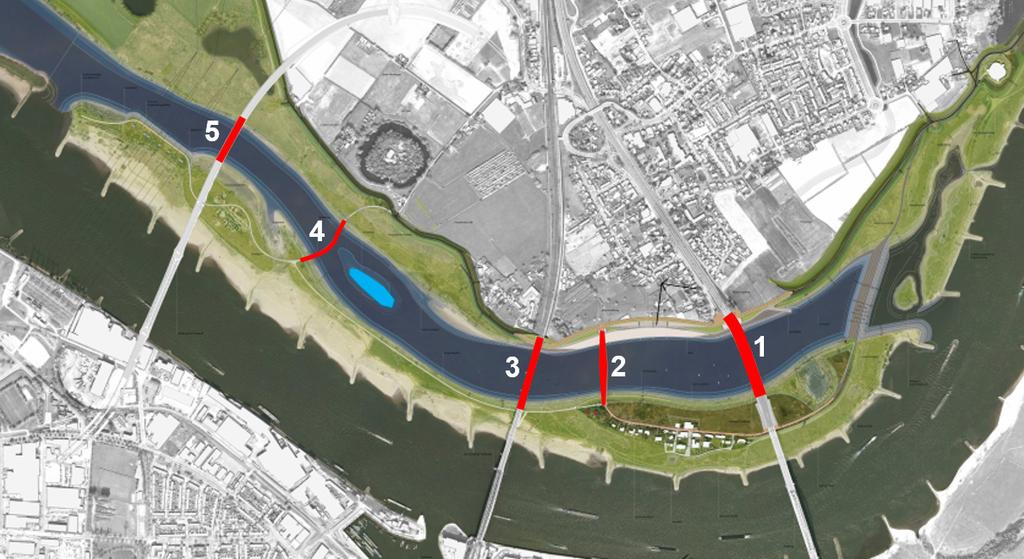 Bruggaten en obstakels De Spiegelwaal telt vijf bruggen, zie afbeelding 1.