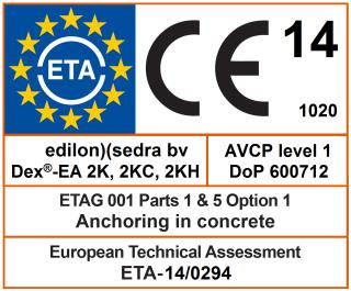 edilon)(sedra Dex -EA 2K 1 OMSCHRIJVING is een professionele, CE gecertificeerde, hoogwaardige ankerlijm voor het spanningsvrij verankeren van constructieve ankers in beton.