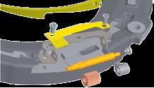 Als de afstand tussen aandrukplaat en vliegwiel verandert, wordt de axiale verandering van de weg door een pignon met direct gekoppelde as omgezet in een radiale beweging van de nastelring.