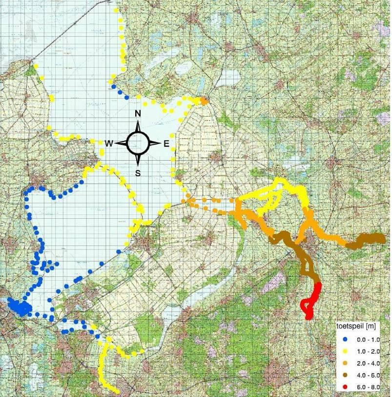 22/36 Bijlage B: Huidige situatie Faalmechanisme golfoverloop In Figuur 7 wordt een overzicht gegeven van de MHW s bij gegeven normfrequentie (=toetspeil) bepaald in de HR2006.