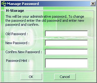 10. Wachtwoord beheren: De gebruiker kan het wachtwoord en de sleutel in de wachtwoordtip wijzigen door de functie "Manage Password" (Wachtwoord beheren) in het hoofdvenster van H-Storage te