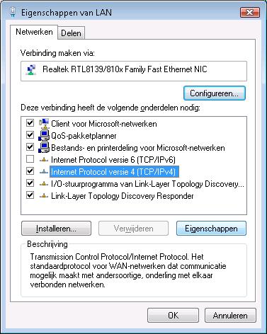 Selecteer Internet Protocol versie 4 (TCP/IPv4) en klik op Eigenschappen. 5.