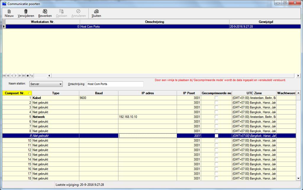 In het bovenstaande scherm is COM 1 als een vaste lijn geconfigureerd en COM 5 als een netwerk poort (TCP/IP) geconfigureerd.