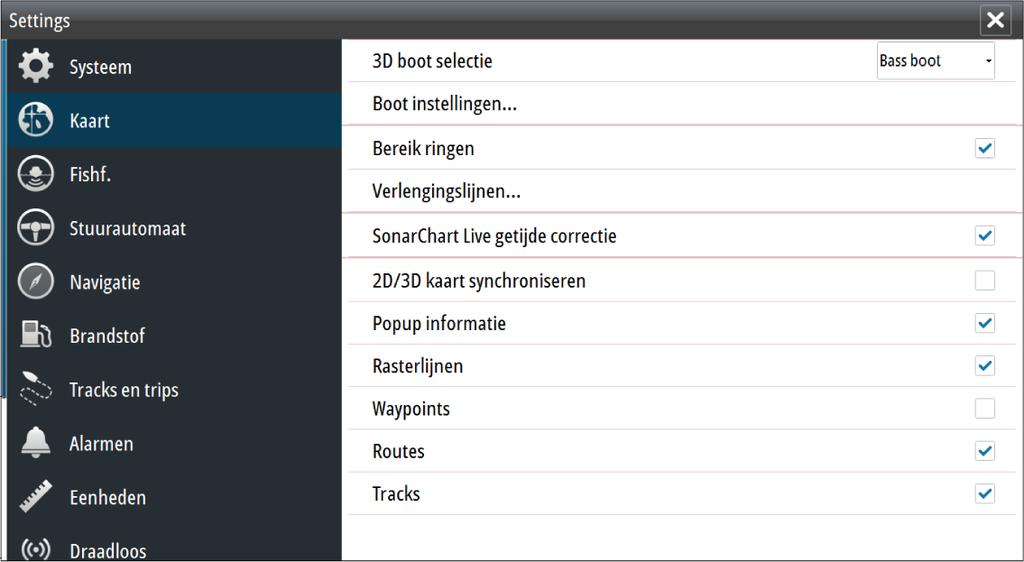 SonarChart Live getijde correctie Wanneer deze functie geselecteerd is, gebruikt de getijdecorrectie informatie van getijdestations in de buurt (indien beschikbaar) om de diepte aan te passen die