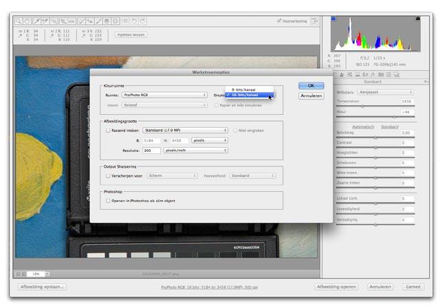 (de mogelijkheden die hier getoond worden zijn mogelijk niet beschikbaar in heel oude versies van Camera Raw!) Stel de kleurruimte in op Prophoto RGB. De keuze tussen 8 en 16 bits is aan jou.