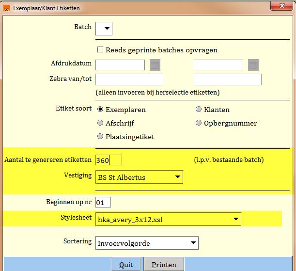 geel gearceerd. In te vullen veld Toelichting Aantal te genereren etiketten Laat dit een veelvoud zijn van wat de stylesheet per A4-vel afdrukt.