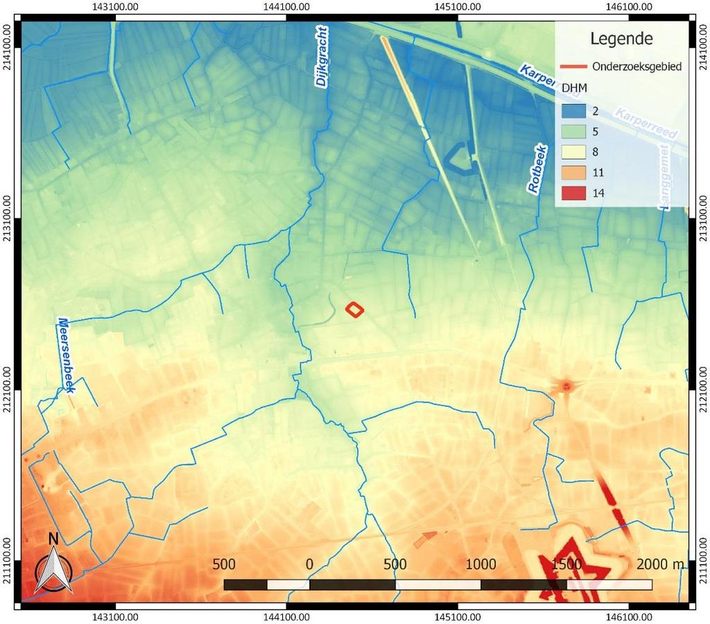 Melsele - Burggravenstraat 11 Figuur 6: Hydrografische kaart met aanduiding van het onderzoeksgebied en Digitaal Hoogtemodel Vlaanderen II, DTM 1m (https://www.geopunt.