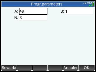 Dankzij de regel EXPORT(A,B,N); opent nu automatisch een dialoog scherm waar de waarden voor de drie te gebruiken variabelen kunnen worden ingegeven.