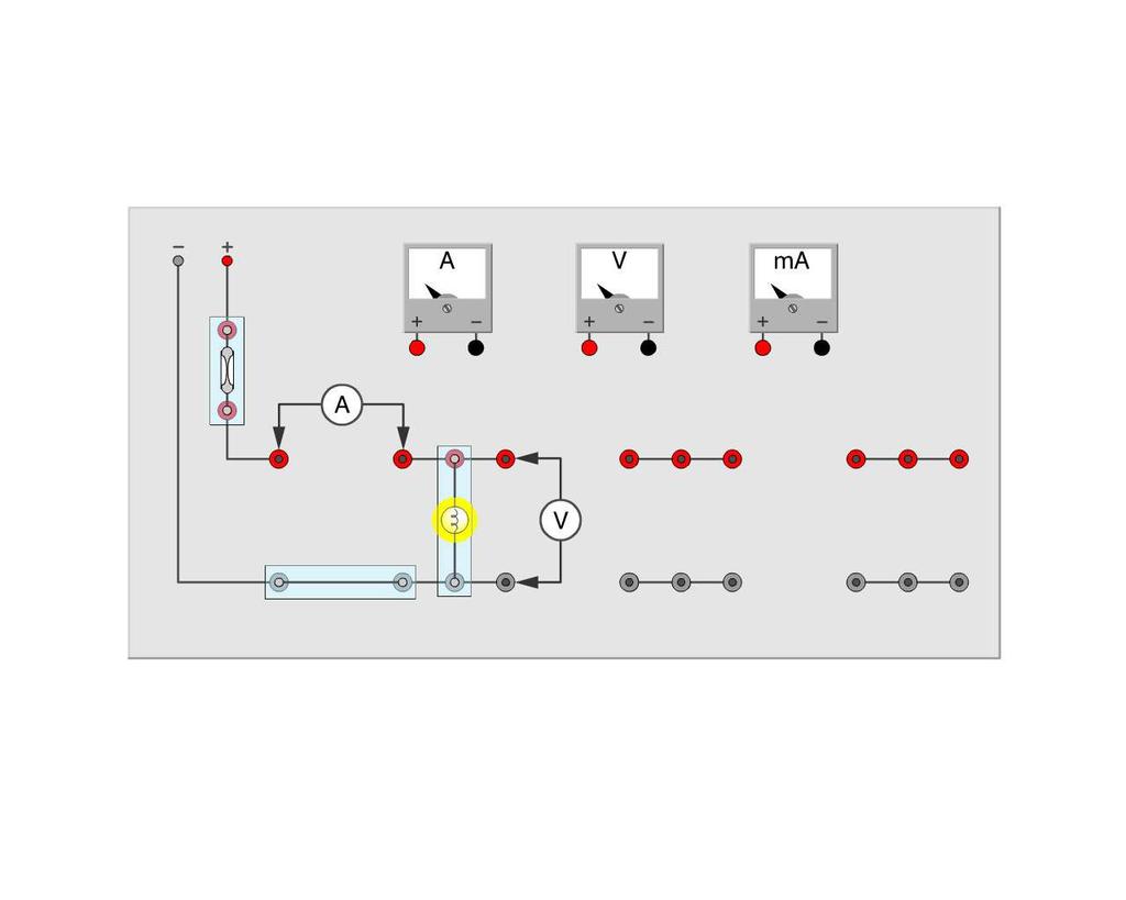 Meetinstrumenten - BasElinstrexcer09b.swf - 2006-04-06-16:58 Oefening: elektrische stroom en spanning meten bij een gloeilamp 1. Sluit de onderdelen aan zoals in de afbeelding. 2. Meet de elektrische stroom en spanning in de stroomkring.