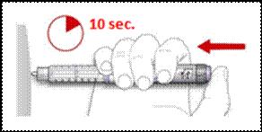 D. Houd de doseerknop volledig ingedrukt. Tel langzaam tot 10 voordat de naald uit de huid wordt gehaald, zodat de volledige dosis insuline geïnjecteerd wordt.