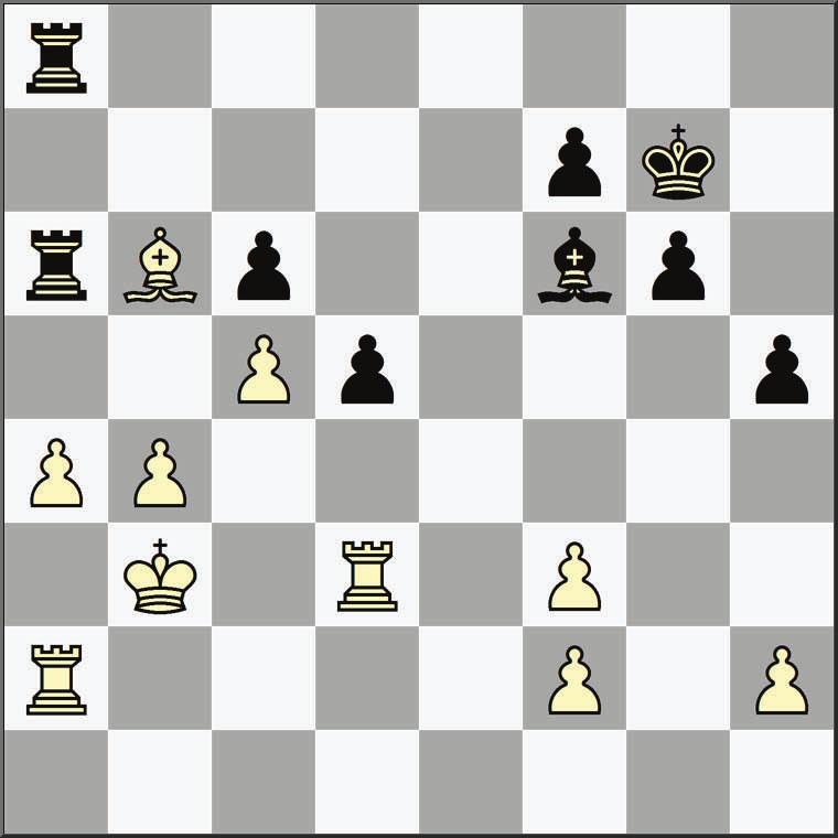 De witte a pion is een handenbindertje. Ik had trouwens 27.... Txb4+ niet vooruit gezien maar gelukkig komt alles goed. 28. axb4 Txa2 29. Te6 Td2+ 30. Kc3 Txf2 31. Txc6 Txf3+ 32. Kd4 Tb3 (32...Kf7 33.