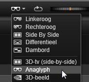 Stereoscopisch 3D: Met het pictogram en de vervolgkeuzepijl links naast de knop Weergave in loop kunt u uit verschillende modi voor het weergeven van 3D-materiaal kiezen.