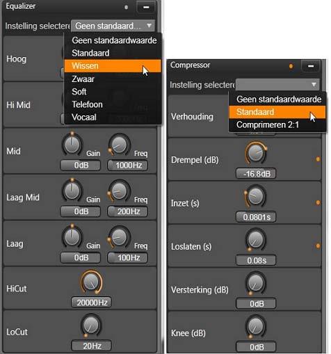 Instellingen en voorkeuren voor de audiocorrecties Equalizer en Compressor. De meeste instellingen van de Expander (niet afgebeeld) zijn dezelfde als die van de Compressor.